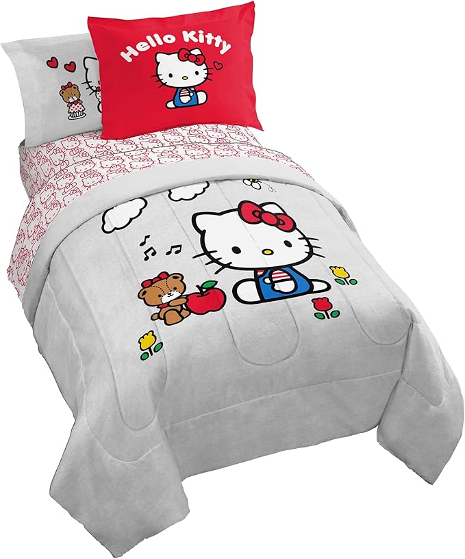 Jay Franco Sanrio Hello Kitty Full Size Comforter Set - 7 Piece Red & Grey Bedding Includes Sheet Set & Pillow Covers - Super Soft Cozy Kawaii Bedding