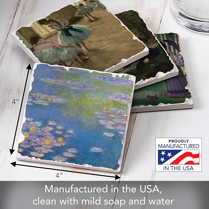 Thirstystone French Impressionists 4 Pack Assorted Tumbled Tile Stone Coasters with Protective Cork Backing Manufactured in The USA Absorbent Easily Wipes Clean