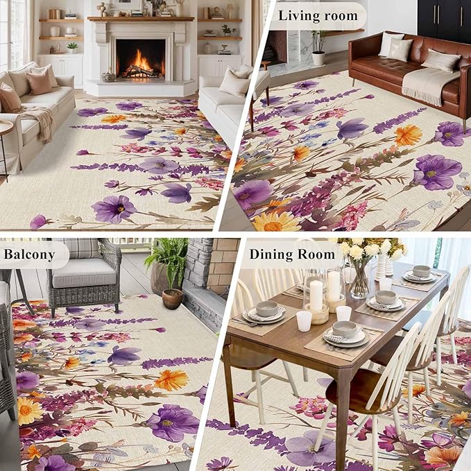 Area Rug 6x9ft, Country Flower Purple Lavender Plant Washable Rugs for Living Room Bedroom, Retro Linen Soft Non-Slip Area Rugs Rectangle Floor Carpet for Dining Room