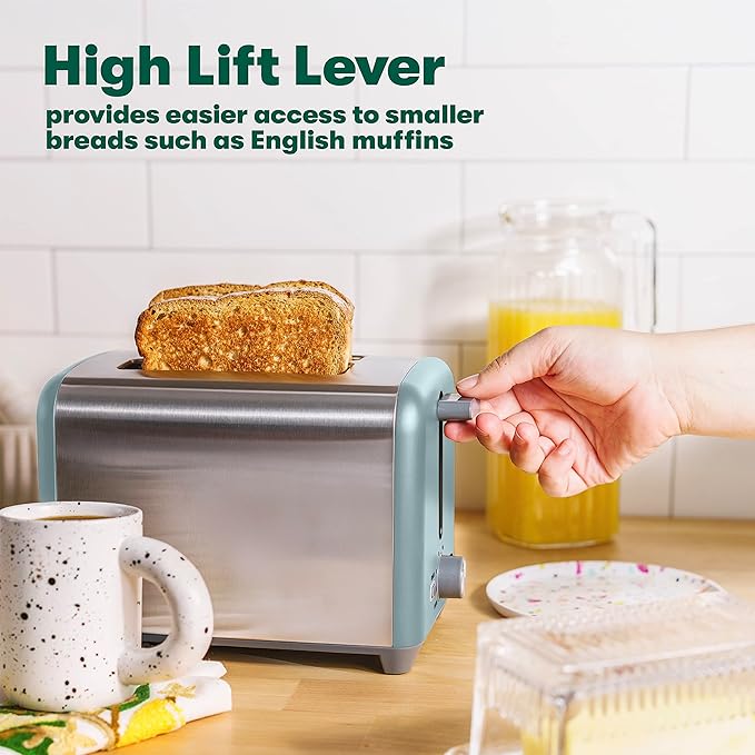 BELLA 2 Slice Toaster, Quick & Even Results Every Time, Wide Slots Fit Any Size Bread Like Bagels or Texas Toast, Drop-Down Crumb Tray for Easy Clean Up, Stainless Steel and Aqua