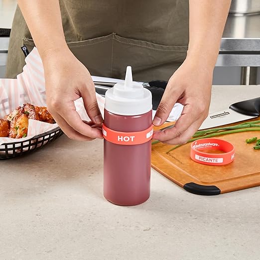 Restaurantware Silicone Squeeze Bottle Band 10 Count 2.75 Inch Dishwasher Safe Condiment Identification Band, Hot Red Non-Slip Label Band for Condiment Labeling at Restaurants, Food Trucks