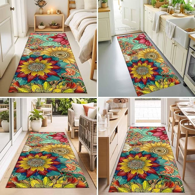 Runner Rug for Bedroom Hallway, Boho Colorful Blossom Flower Kitchen Runner Rugs Area Rug 2x6ft, Country Retro Ethnic Floral Washable Soft Floor Carpet for Entryway Stair