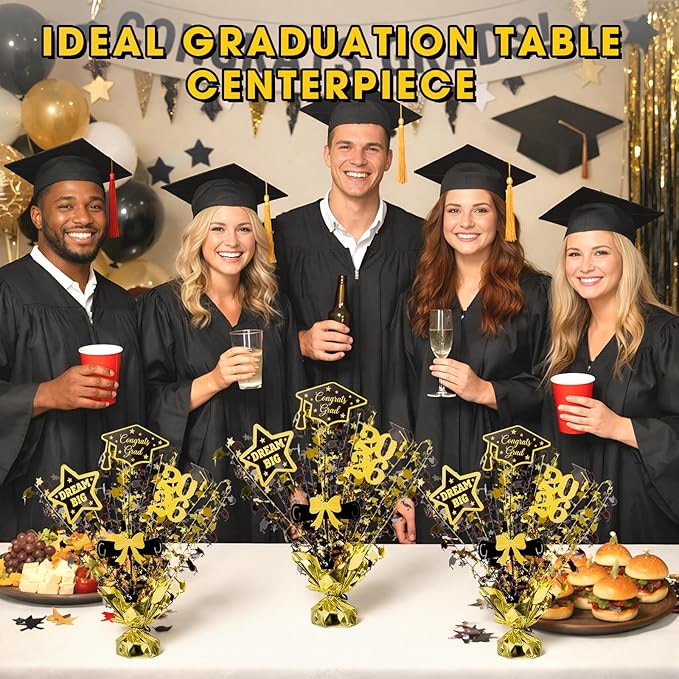 Unittype 6 Pack 2026 Graduation Table Centerpiece Black and Gold Party Decorations Congrats Grad Big Dream Centerpieces for Tables Metallic Foil Spray Centerpiece Glitter Cap Star Table Top Decor