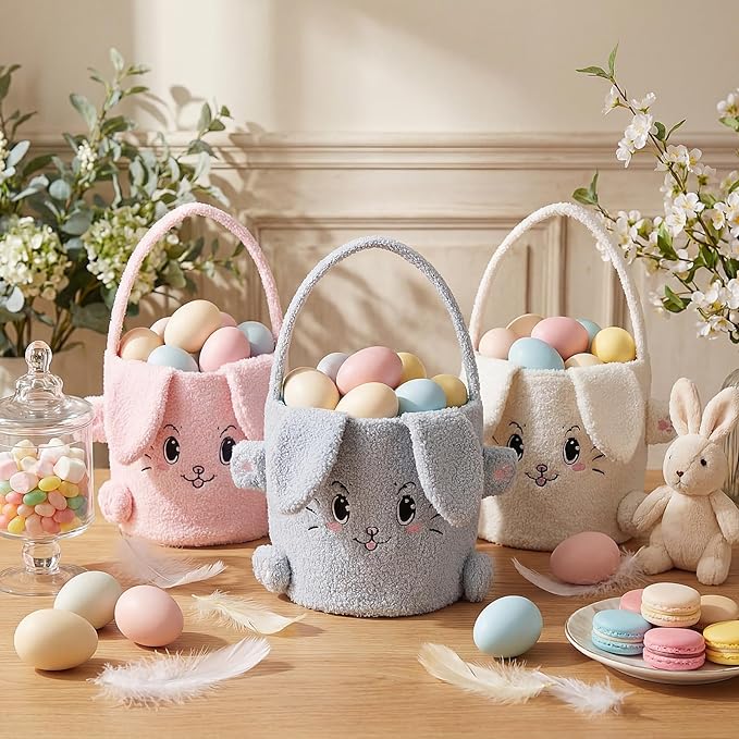 Mimorou 3 Pack Easter Basket Soft Plush Bunny Sherpa Personalized Bucket with Rabbit Ears Decorative Bow Large Bunny Tote Bags Ideal for Egg Hunt, Party Favors(White Pink and Blue)