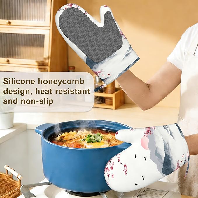Japanese Cherry Blossom Oven Mitts and Pot Holders Sets,Silicone Fujiyama Mountain Kitchen Mitts Potholders Heat Resistant 4Pcs Oven Gloves Hot Pads for Kitchen Baking Cooking