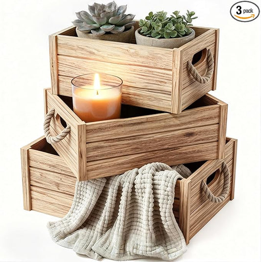 Set of 3 Rustic Nested Wooden Crates with Rope Handles - Decorative Farmhouse Storage Boxes for Kitchen, Living Room & Bathroom - Modern Wood Grain Home Organization
