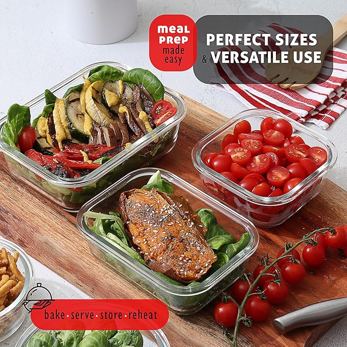 EATEX 16pc Glass Storage Containers with Lids, 8 Glass Food Storage Containers with 8 Airtight Lids for Pantry & Kitchen, Meal Prep Containers for Lunch, Oven Freezer Microwave & Dishwasher Safe