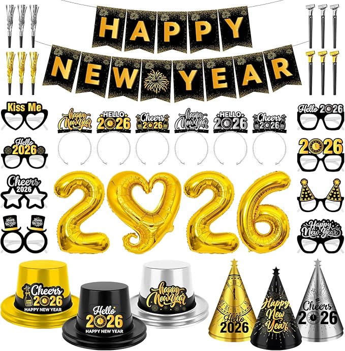 New Years Eve Party Supplies 2026 - 40PCS Happy New Years Decorations for 12 Guests Includes Banner,Gold 2026 Balloon,Hats,Tiaras and Squawkers for Nye 2026 Celebrations