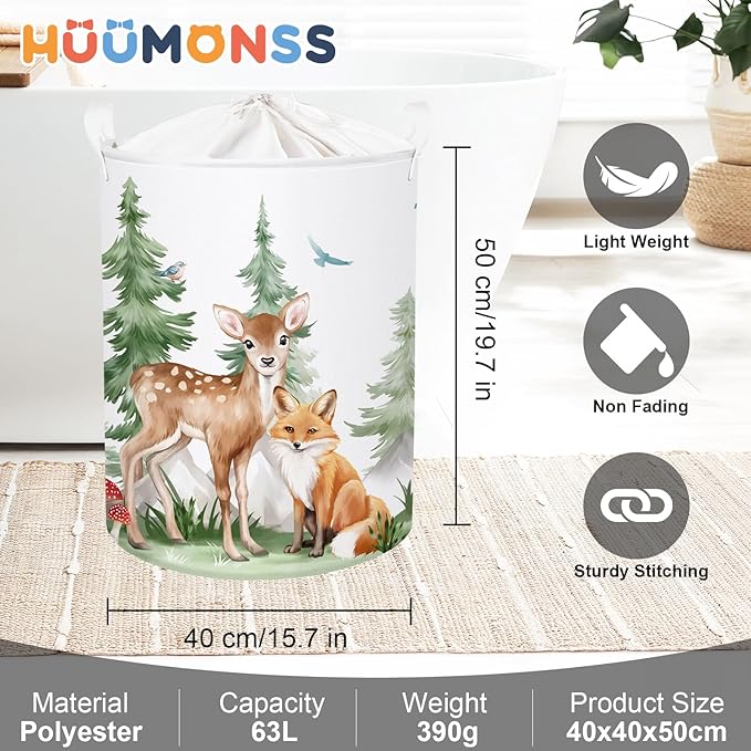 Forest Animals Baby Laundry Hamper Collapsible Clothes Kids Storage Basket Bear Fox Large Boys Girls Gift Toy Box Bin for Nursery, Deer, 63L