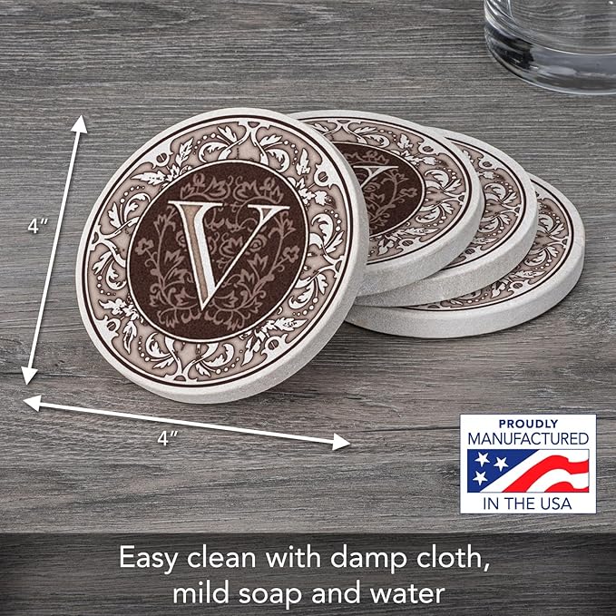 Thirstystone Monogram Letter V Absorbent Sandstone Coaster 4-Pack Manufactured in The USA Decorative, Absorbent, Easily Wipes Clean