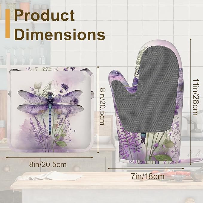 Watercolor Dragonfly Oven Mitts and Pot Holders Set of 4,Lavender Floral Kitchen Glove Heat Resistant Oven Mitts with Non-Slip Silicone for Baking, Cooking, BBQ