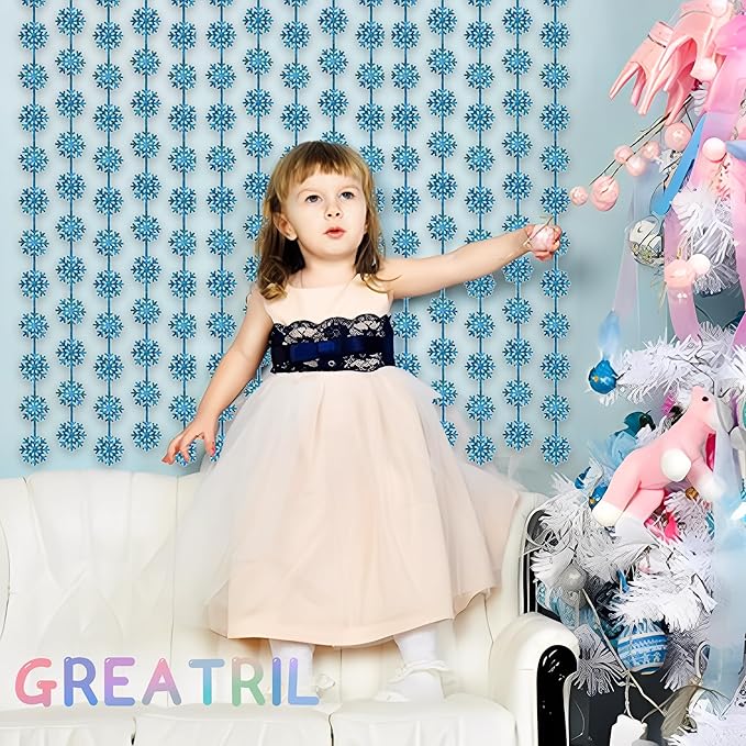 Silver Blue Snowflake Fringe Curtain - GREATRIL Winter Onederland Streamers Backdrop with Sparkling Snowflake for Christmas Birthdays Party Decoration -3.2ft x 6.5ft - 2 Pack