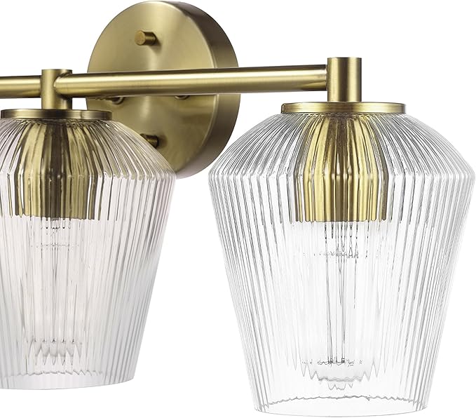 GLOBE Electric 63000063 5-Piece All-in-One Bathroom Set, Matte Brass Finish, 3-Light Vanity Light, Glass Shades, Towel Bar, Toilet Paper Holder, Towel Ring, Robe Hook, Bathroom Lights Over Mirror