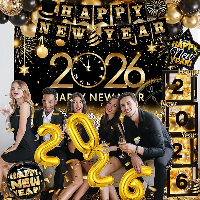 119Pcs New Years Eve Party Supplies -2026 Balloon Arch Garland Kit with Backdrop,Banner,Balloon Boxes for Happy New Year Decorations 2026