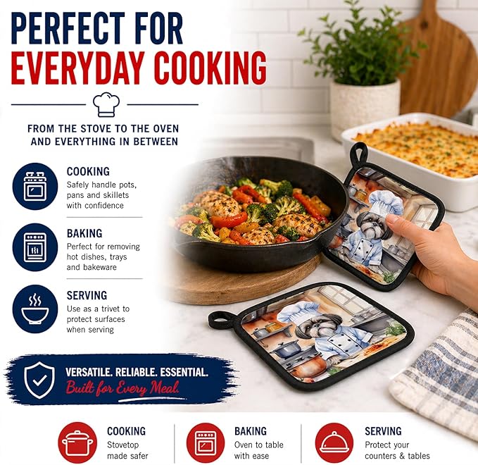 Caroline's Treasures Shih Tzu The Chef Pair of Pot Holders Kitchen Heat Resistant Pot Holders Sets Oven Hot Pads for Cooking Baking BBQ, 7 1/2 x 7 1/2