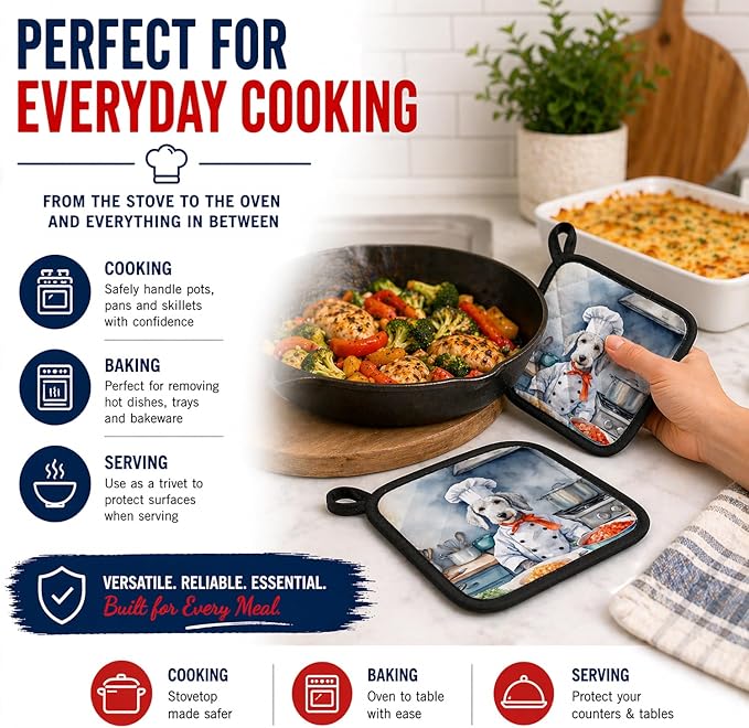 Caroline's Treasures Bedlington Terrier The Chef Pair of Pot Holders Kitchen Heat Resistant Pot Holders Sets Oven Hot Pads for Cooking Baking BBQ, 7 1/2 x 7 1/2