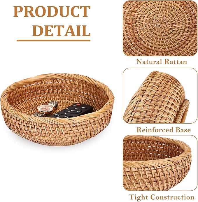 Small Keys Basket for Entryway Table 7.9" Rattan Key Bowl Round Wicker Basket Tray Handwoven Baskets Key Holder for Wallet Remote Candy