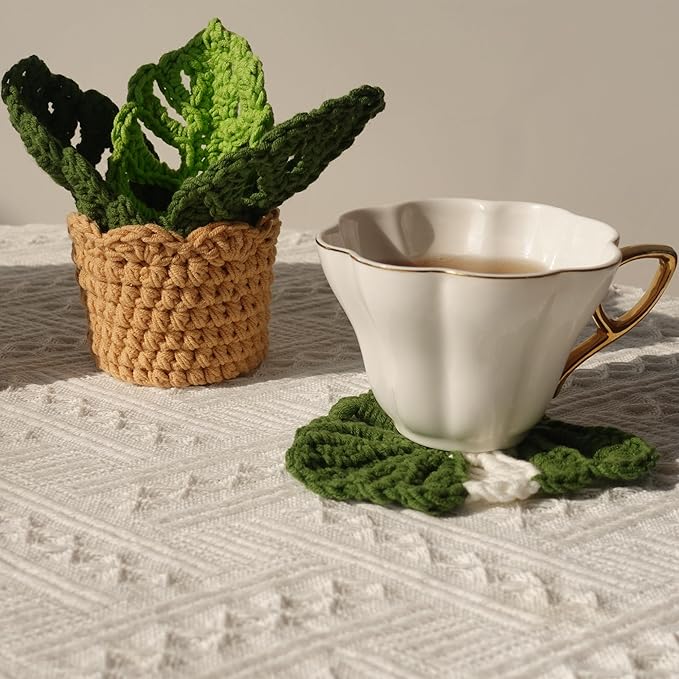 DICHA Monstera Crochet Coasters with Plant Pot-Container Beverage Coaster Sets with Holder Bar Coasters for Drinks Coffee Table Desk-Succulent Plant Pot Coaster-Set of 5