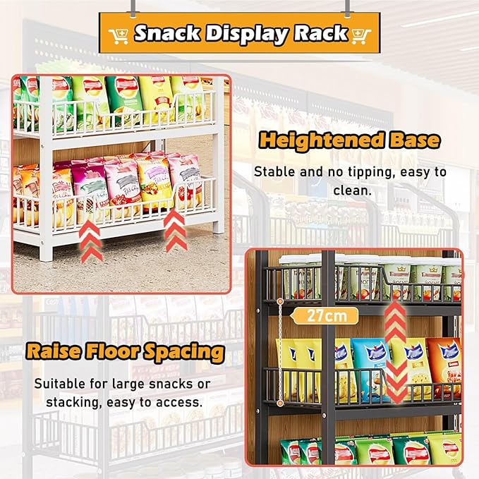 5-Tier Snack Shelf Organizer with Guardrail - Commercial Storage Rack for Fruits, Vegetables, Chips, Candy & Party Food Display - Retail & Wholesale Store Fixture with Hooks (Black)