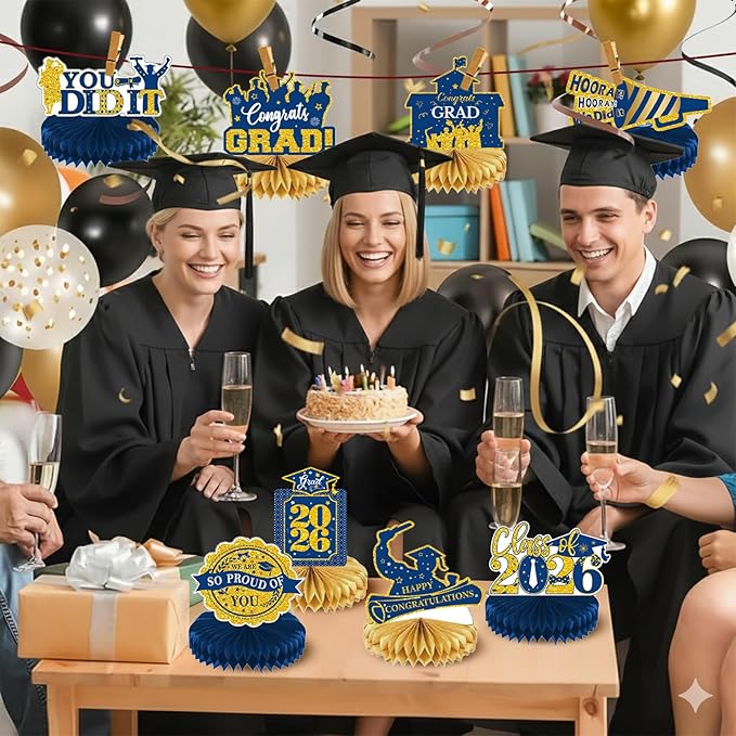 2026 Graduation Party Decorations - 8 Pcs Blue Gold Class of 2026 Graduation Party Table Decor Honeycomb Centerpieces for Tables Congratulate for 2026 Congrats Grad Party Supplies