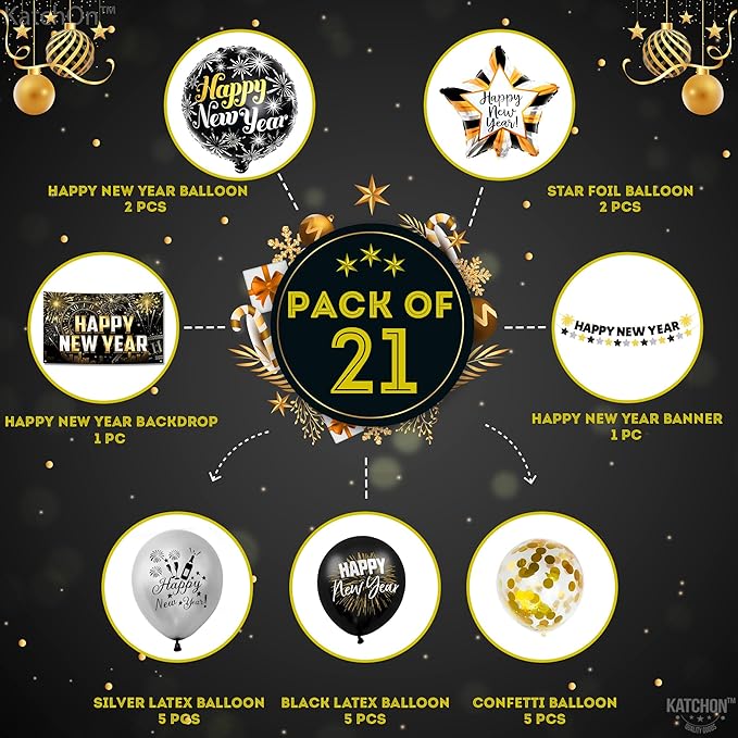 KatchOn, New Years Eve Party Supplies 2026 Set - Big, Pack of 21 | Black and Gold Happy New Year Banner, 2026 Balloon Numbers, New Year Foil Balloons | NYE Decorations 2026, New Years Decorations 2026