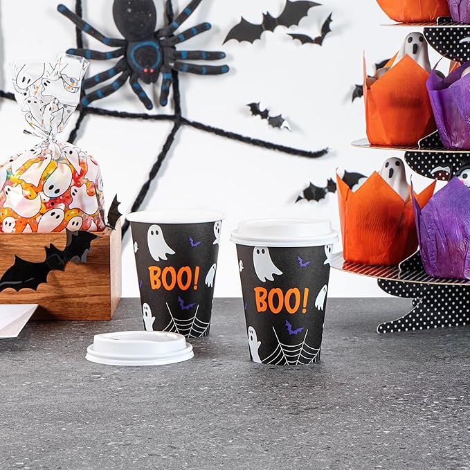 Restaurantware-Restpresso 12 Ounce Halloween Party Cups, 20 Disposable Hot Cups With Plastic Lids - Spooky Ghost Design, Rolled Rim, Black Paper Coffee Cups, Single Wall, Serve Hot And Cold Drinks
