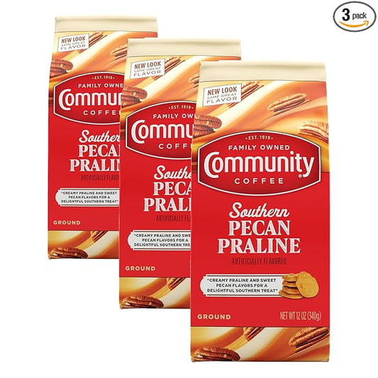 Community Coffee Medium Roast Ground Coffee | Pecan Praline Flavored | 12 Ounce Bag | Pack of 3