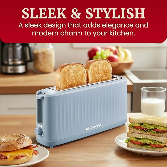 Elite Gourmet ECT2517OX SLIMTOAST™ 2-Slice Long Slot Toaster, Cool-Touch Body, 6 Browning Shades, Extra-Wide 1.5" Slot for Artisan Bread, Bagels, Waffles & English Muffins, Ocean Blue
