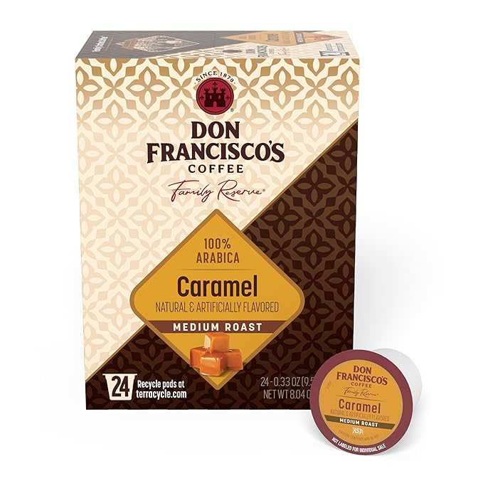 Don Francisco's Caramel Flavored Coffee Pods, 24 Count, Medium Roast, Compatible with Keurig Brewers