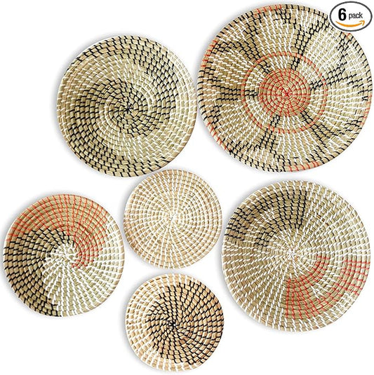 Boho Wall Basket Decor Set of 6 - Hanging Woven Basket Wall Decor, Handcrafted Round Flat Seagrass Baskets Wall Art, for Modern、Farmhouse、Home - Unique Modern Wall Basket Decor