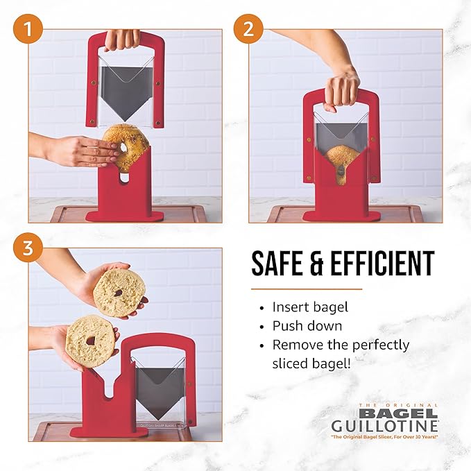 Hoan Bagel Biter Slicer and Cutter with Safety Shield - Serrated Blade Cuts Bagels, Muffins, Buns and Rolls - Dishwasher Safe Bagel Guillotine, 9.25 Inches Tall, Red