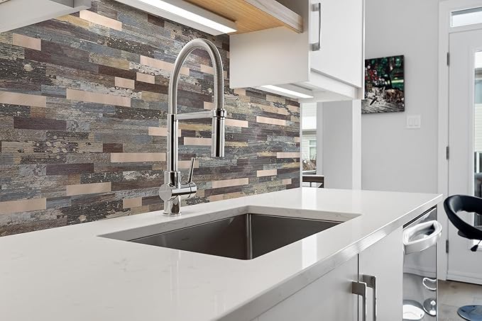 Yipscazo 20 Sheets Peel and Stick Stone Metal Tile Backsplash, Stick on Tiles for Backsplash Kitchen, Bathroom, Laundry Room, Camper, Fireplace (12'' X 12'', Mix Rustic with Gold)