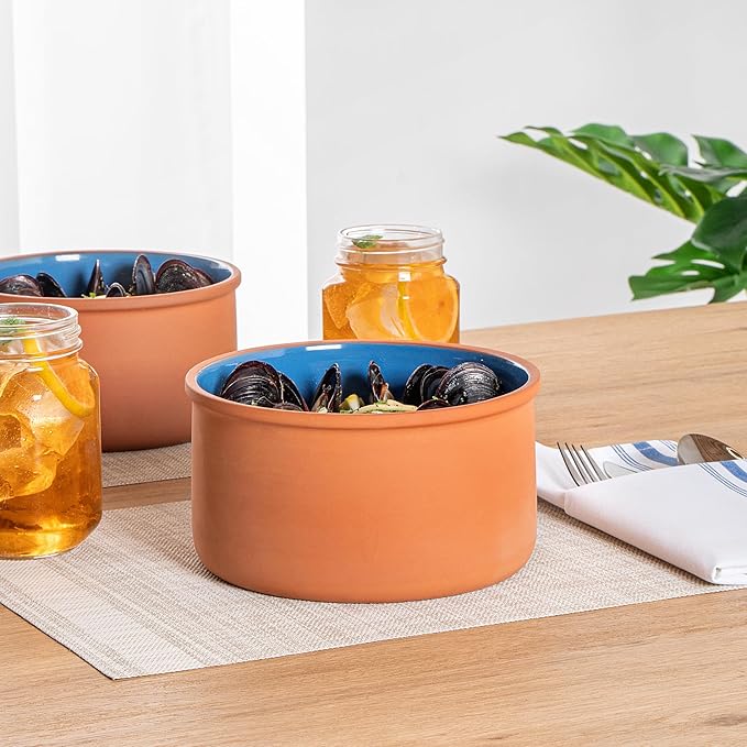 Restaurantware-Terra Tek 68 Ounce Terracotta Cazuelas, 2 Blue Glazed Clay Pots For Cooking - Oven-Ready, Microwavable, Terracotta Serving Pots, Dishwashable, For Cooking And Serving