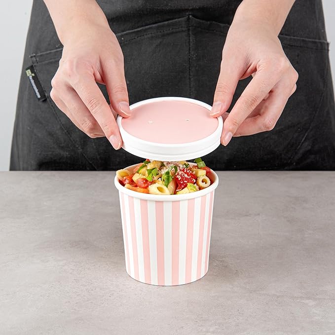 Restaurantware-LIDS ONLY: Soup Container Lids, 200 Disposable Bowl Covers For 12 Ounce Soup Containers - Containers Sold Separately, Vented, Pink And White Container Lid, Striped, Round,