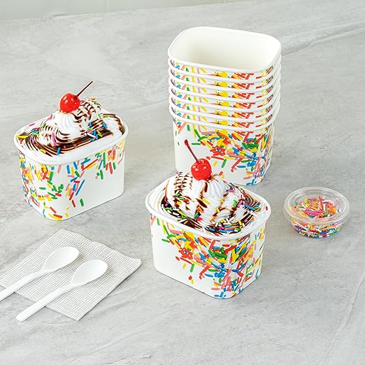 Restaurantware Paper Cups 200 Count 12 Ounce Square Disposable Ice Cream Containers, Leak-Resistant Paper Dessert To Go Cups, Hot And Cold Food, Durable Classic Sprinkles Design