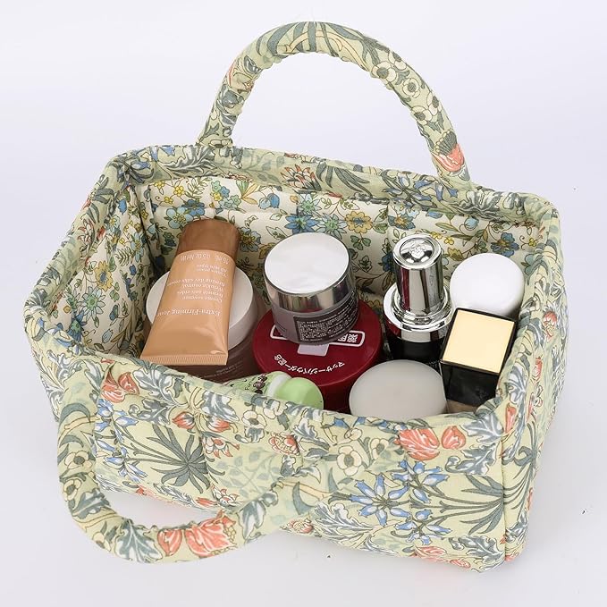Quilted Fabric Storage Basket Floral Baby Diaper Caddy Quilted Basket for Nursery Bedroom Car Storage