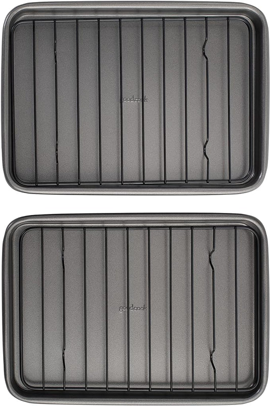 GoodCook Set of 2 Nonstick Steel 9" x 6" Toaster Oven Mini Baking Sheets with Racks, Gray