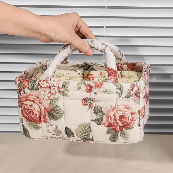 Quilted Fabric Storage Basket Floral Baby Diaper Caddy Quilted Basket for Nursery Bedroom Car Storage