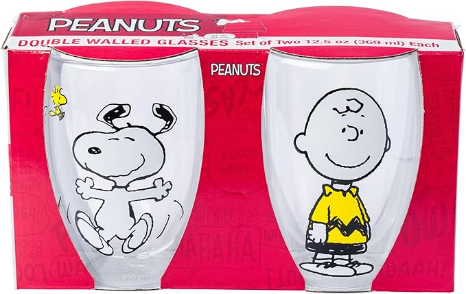 Silver Buffalo Peanuts Featuring Charlie Brown, Snoopy, and Woodstock 2 Pack Double Walled Glass Set, 12.5 Ounces