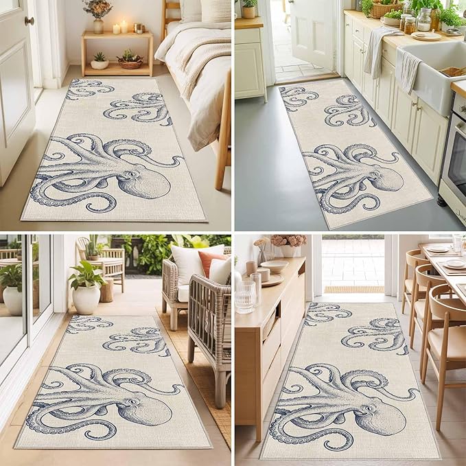 Runner Rug for Bedroom Hallway, Marine Octopus Sea Monster Kitchen Runner Rugs Area Rug 2x6ft, Farmhouse Ocean Life on Linen Washable Soft Floor Carpet for Entryway Stair