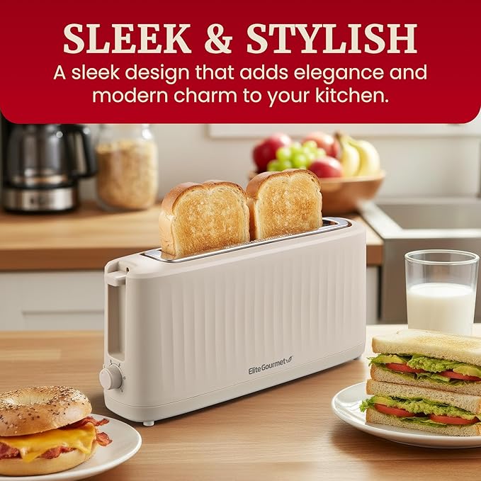 Elite Gourmet ECT2517C SLIMTOAST™ 2-Slice Long Slot Toaster, Cool-Touch Body, 6 Browning Shades, Extra-Wide 1.5" Slot for Artisan Bread, Bagels, Waffles & English Muffins, Cremello