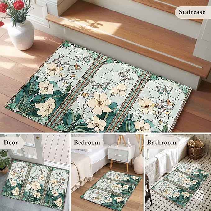 Area Rug 2x3ft, Spring Flower Colorful Butterfly Washable Rugs for Living Room Bedroom, Vintage Green Plant Soft Non-Slip Area Rugs Rectangle Floor Carpet for Dining Room