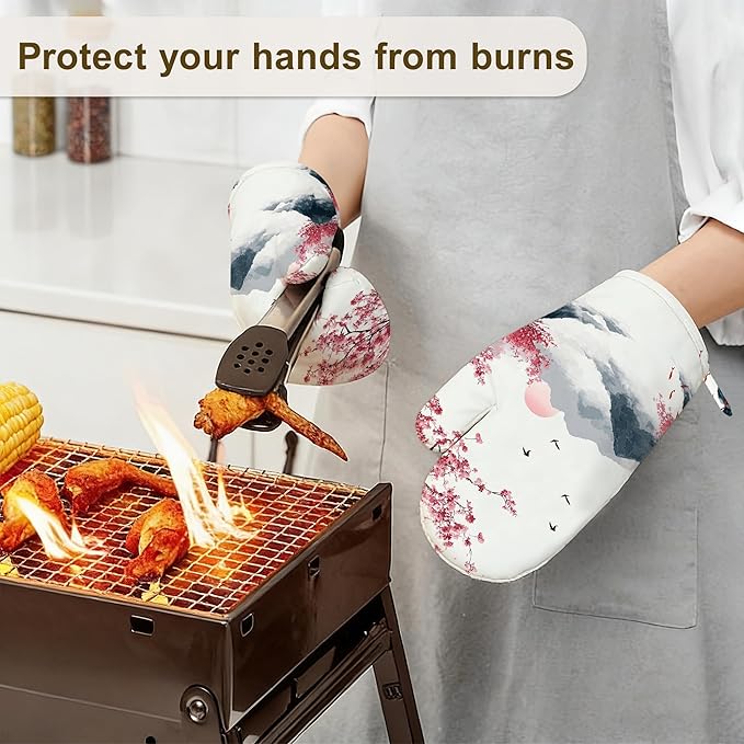 Japanese Cherry Blossom Oven Mitts and Pot Holders Sets,Silicone Fujiyama Mountain Kitchen Mitts Potholders Heat Resistant 4Pcs Oven Gloves Hot Pads for Kitchen Baking Cooking