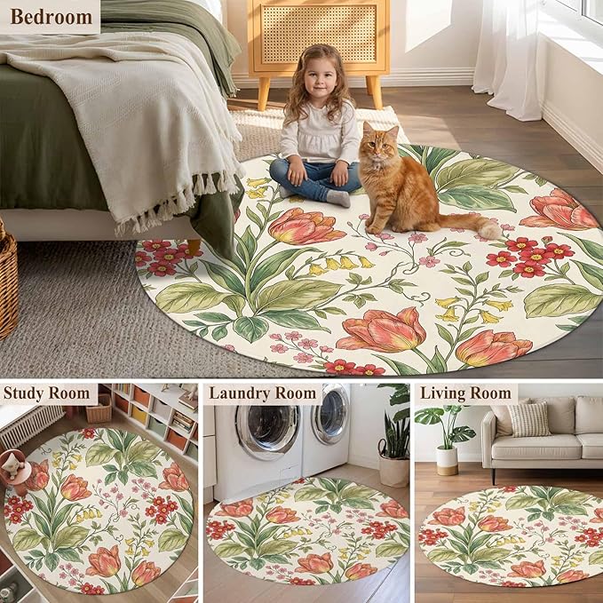 Washable Round Area Rug Vintage Tulips Red Daisies Circle Rugs Floor Carpet for Living Room Bedroom, Yellow Blooms Floral Pattern Soft Non Slip Round Rug 5ft