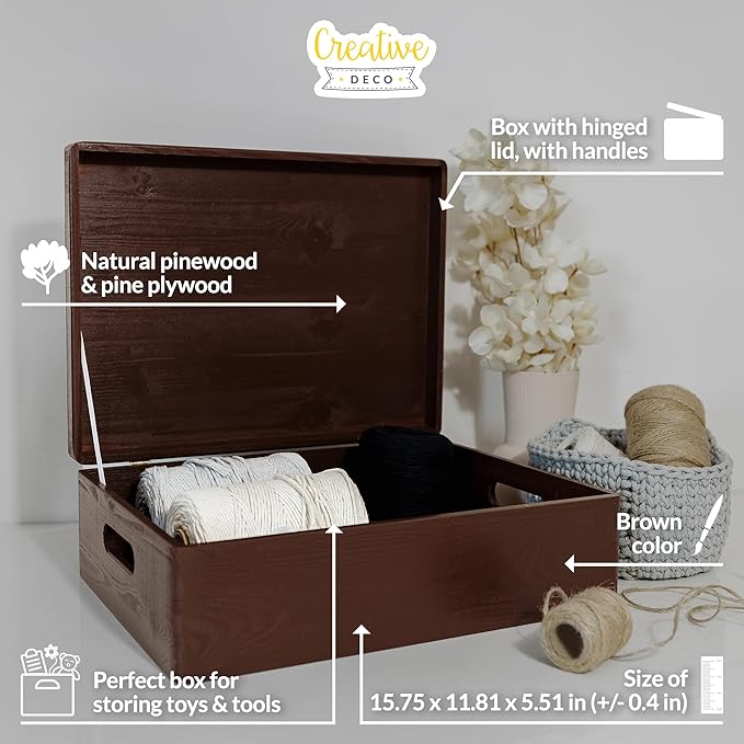 Creative Deco XL Brown Wooden Box Storage with Hinged Lid | 15.8x11.8x5.5in (+-0.5) | Keepsake with Handles | Decorative Gift Box for Tool Toy Kitchen Storage | Acacia-Like Wood Chest Trunk