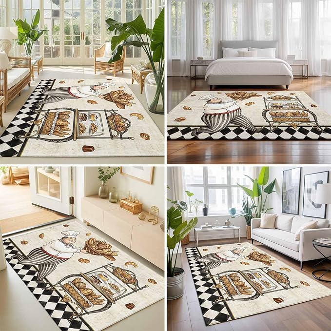 Area Rug 8x10ft, Farmhouse Kitchen Baker Bread Washable Rugs for Living Room Bedroom, Vintage Black Plaid Soft Non-Slip Area Rugs Rectangle Floor Carpet for Dining Room