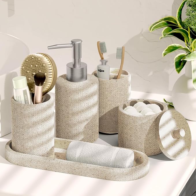 Clara Clark Beige Bathroom Set - Bathroom Sets with Shower Curtain and Rugs, 21PC Bathroom Accessory Set, Shower Curtain Set with Soap Dispenser & Toothbrush Holder