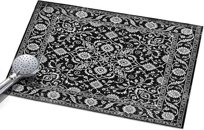 Area Rug 2x3ft, Paisley Vintage Black Floral Washable Rugs for Living Room Bedroom, Classic Flower Texture Soft Non-Slip Area Rugs Rectangle Floor Carpet for Dining Room