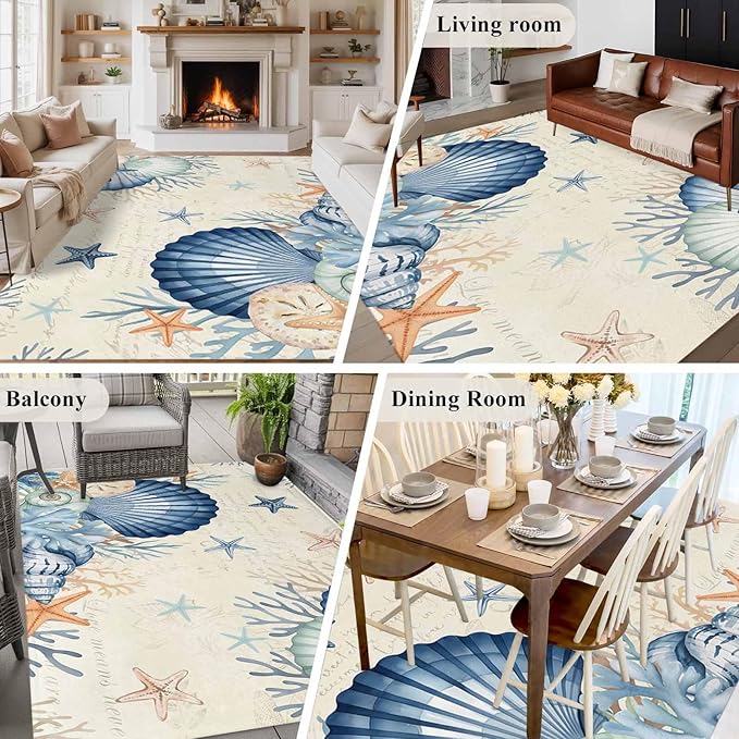 Area Rug 6x9ft, Summer Blue Shells Starfish Washable Rugs for Living Room Bedroom, Vintage Coral Shells Fish Soft Non-Slip Area Rugs Rectangle Floor Carpet for Dining Room