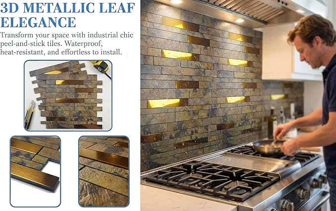 Weimeisc 10 Sheets Peel and Stick Backsplash Tile for Kitchen, Self-Adhesive Mosaic Tile, Stick on Bathroom Vanities，Fireplace Décor, Laundry Table(11.25" X 12.7") (Rusty Stone Pattern)